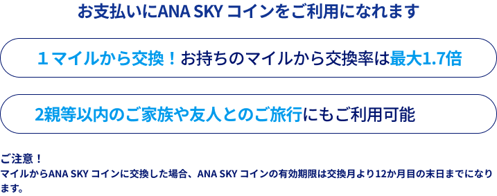 お支払いにANA SKY コインをご利用になれます １マイルから交換！お持ちのマイルから交換率は最大1.7倍 2親等以内のご家族や友人とのご旅行にもご利用可能 ご注意！ マイルからANA SKY コインに交換した場合、ANA SKY コインの有効期限は交換月より12か月目の末日までになります。