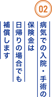 02 病気での入院・手術の保険金は日帰りの場合でも補償します