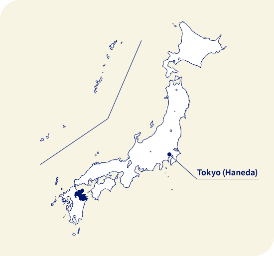 Bản đồ của Nhật bản. Oita nằm ở phía tây nam Tokyo (Haneda)