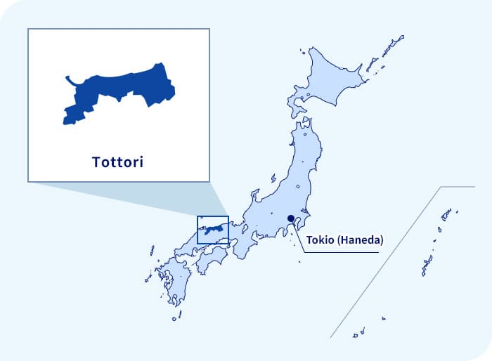 Karte von Japan. Tottori liegt westlich von Tokio (Haneda)