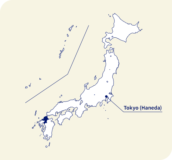 Peta Jepang. Fukuoka terletak di barat daya Tokyo (Haneda)