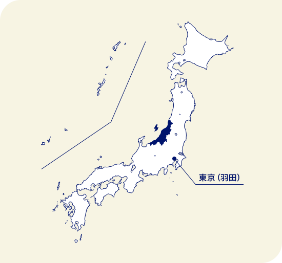 日本地圖 新潟縣位於東京（羽田）西北部