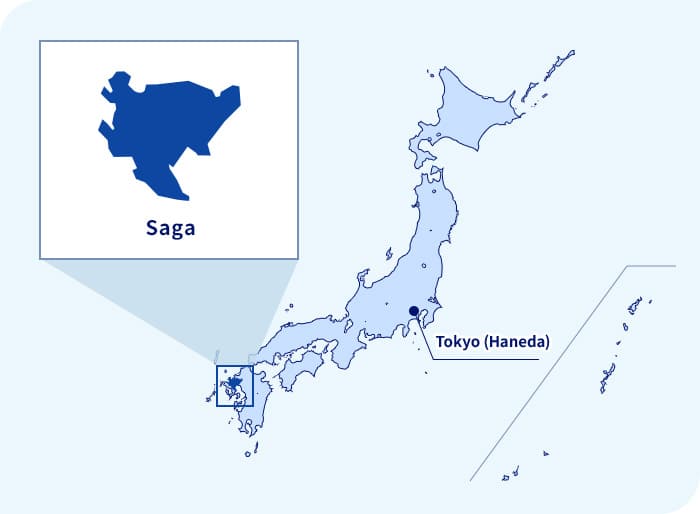 Peta Jepang. Saga terletak di barat daya Tokyo (Haneda)