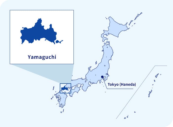 Bản đồ của Nhật bản. Yamaguchi nằm ở phía tây Tokyo (Haneda)