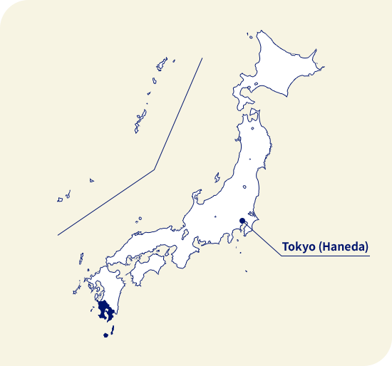 Peta Jepang. Kagoshima terletak di barat daya Tokyo (Haneda)
