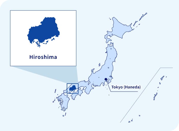 Peta Jepang. Hiroshima terletak di sebelah barat Tokyo (Haneda)
