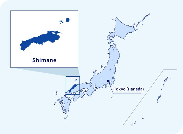 Bản đồ của Nhật bản. Shimane nằm ở phía tây Tokyo (Haneda)