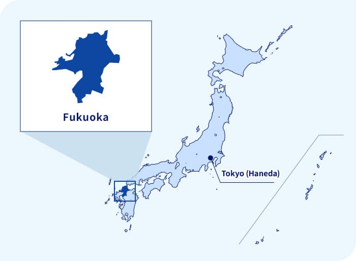 Peta Jepang. Fukuoka terletak di barat daya Tokyo (Haneda)