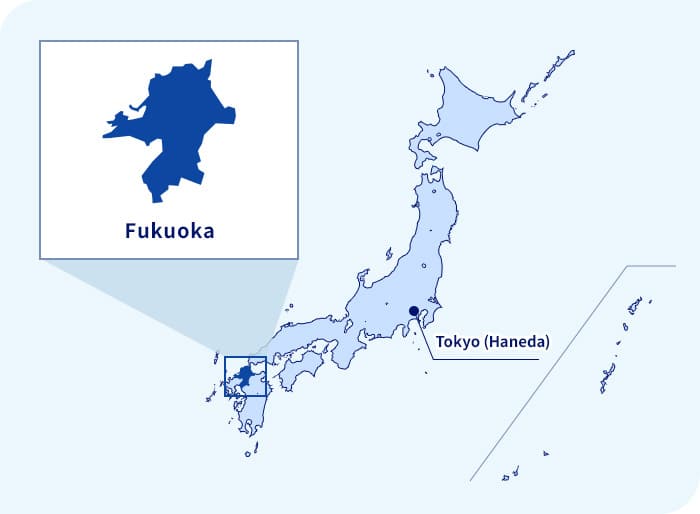 Cartina del Giappone. Fukuoka situata a sud-ovest di Tokyo (Haneda)