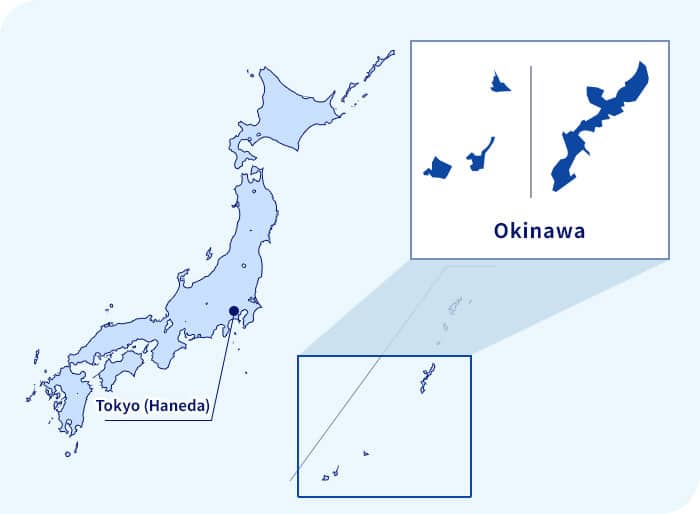 Map of Japan. Okinawa located southwest of Tokyo (Haneda)
