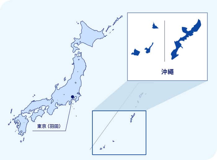 日本地圖 沖繩縣位於東京（羽田）西南部