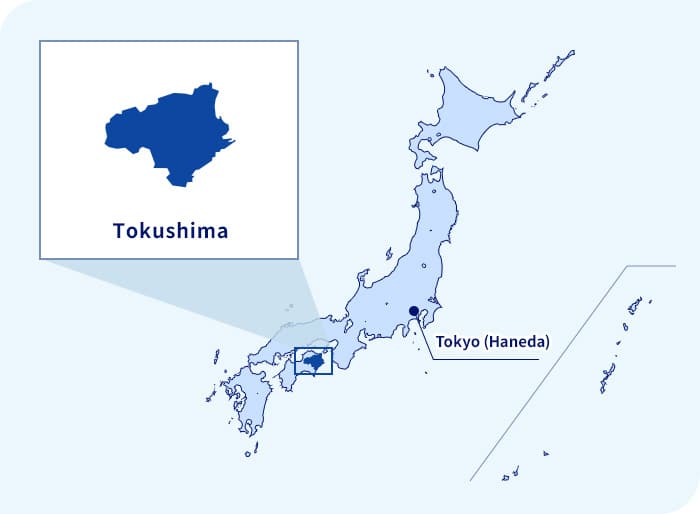Cartina del Giappone. Tokushima situata a sud-ovest di Tokyo (Haneda)