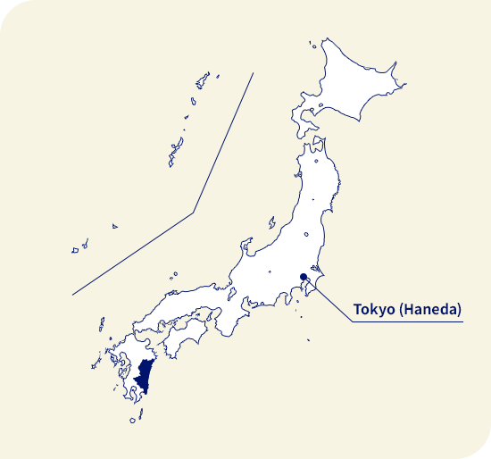 Carte du Japon. Miyazaki situé au sud-ouest de Tokyo (Haneda)