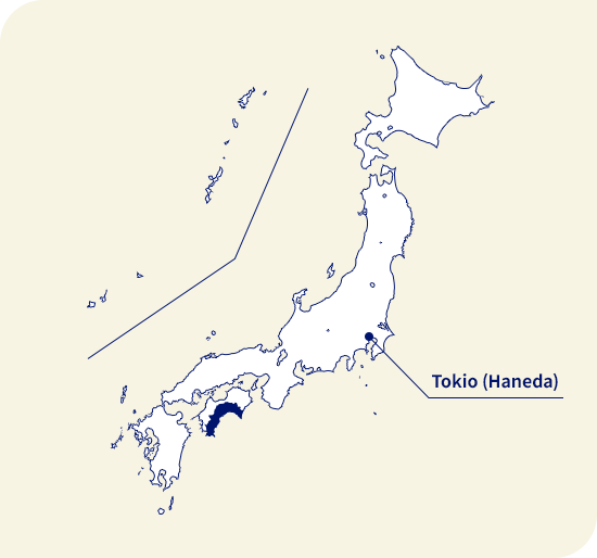 Karte von Japan. Kochi liegt südwestlich von Tokio (Haneda)