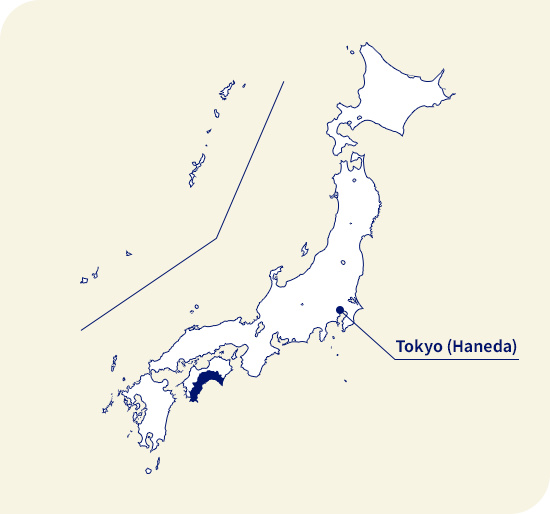 Bản đồ của Nhật bản. Kochi nằm ở phía tây nam Tokyo (Haneda)