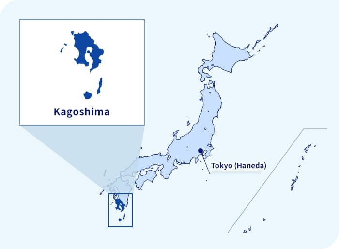 Map of Japan. Kagoshima located southwest of Tokyo (Haneda)