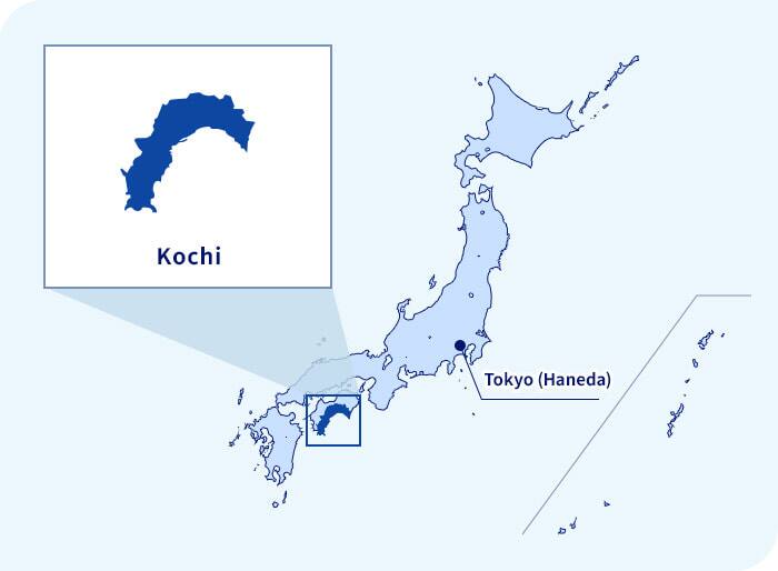 Carte du Japon. Kochi situé au sud-ouest de Tokyo (Haneda)