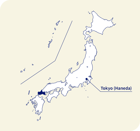 Peta Jepang. Yamaguchi terletak di sebelah barat Tokyo (Haneda)