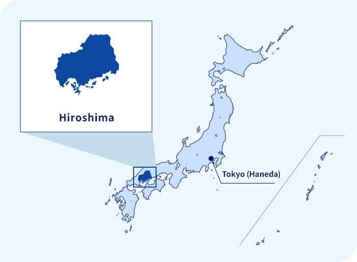 Bản đồ của Nhật bản. Hiroshima nằm ở phía tây Tokyo (Haneda)