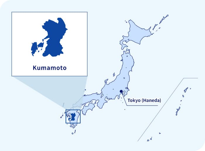 Bản đồ của Nhật bản. Kumamoto nằm ở phía tây nam Tokyo (Haneda)