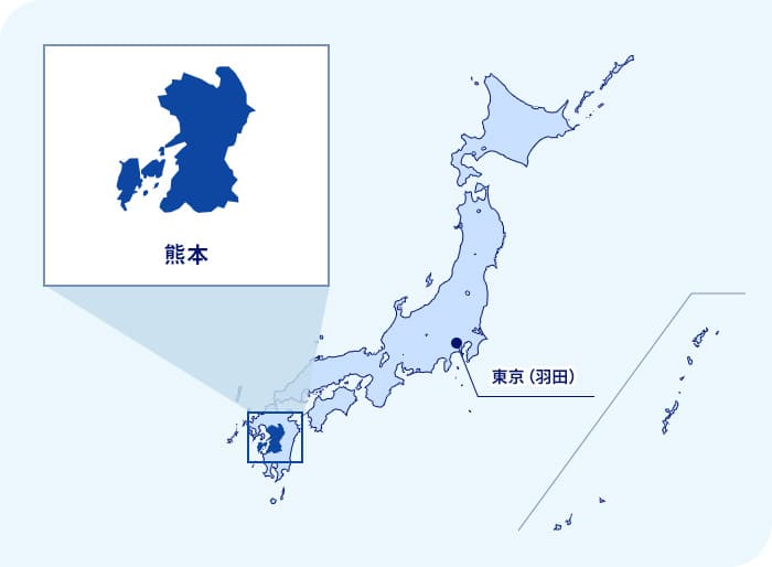 日本地圖 熊本縣位於東京（羽田）西南部