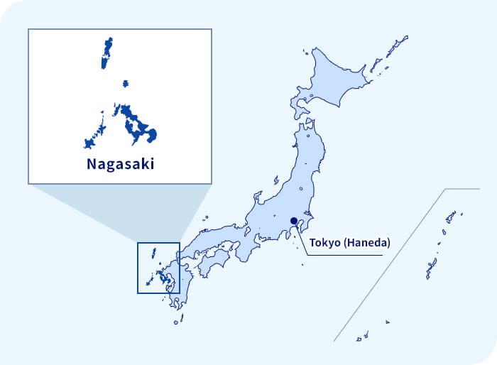 Bản đồ của Nhật bản. Nagasaki nằm ở phía tây nam Tokyo (Haneda)