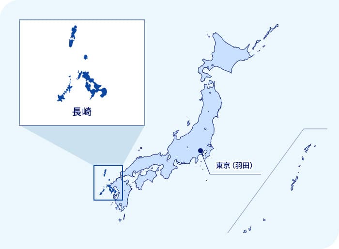 日本地圖 長崎縣位於東京（羽田）西南部