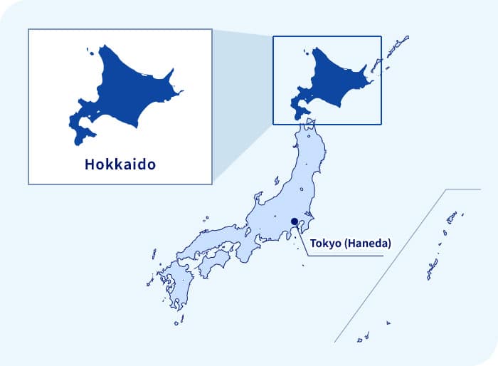 Peta Jepang. Hokkaido terletak di utara Tokyo (Haneda)