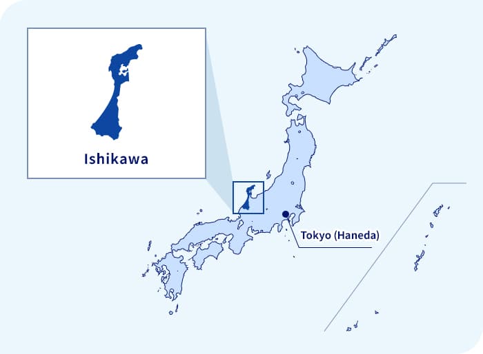 Peta Jepang. Ishikawa terletak di barat laut Tokyo (Haneda)