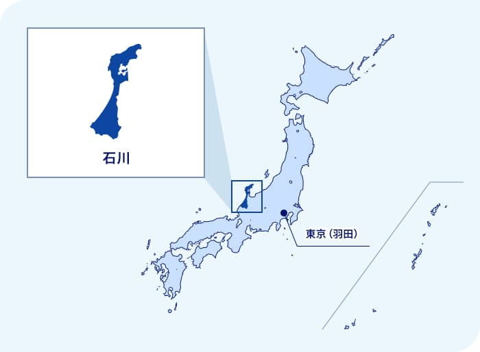 日本地圖 石川縣位於東京（羽田）西北部