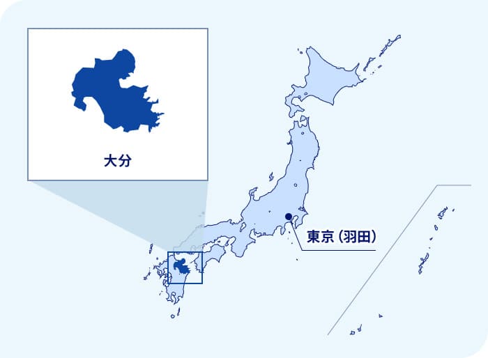 日本地図 東京（羽田）から南西に位置する大分