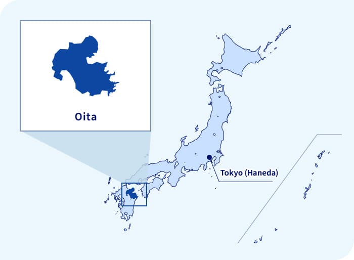 Bản đồ của Nhật bản. Oita nằm ở phía tây nam Tokyo (Haneda)