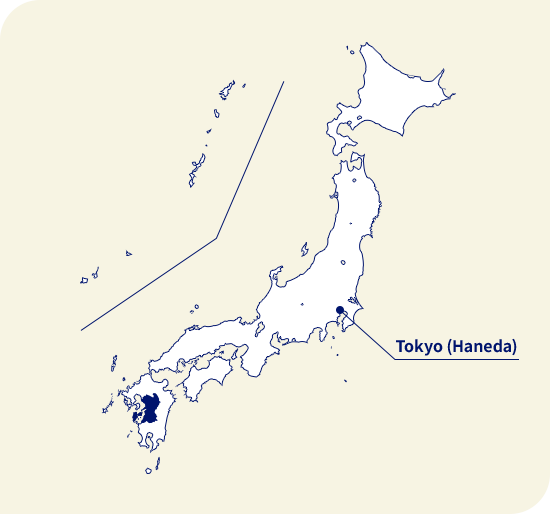 Peta Jepang. Kumamoto terletak di barat daya Tokyo (Haneda)