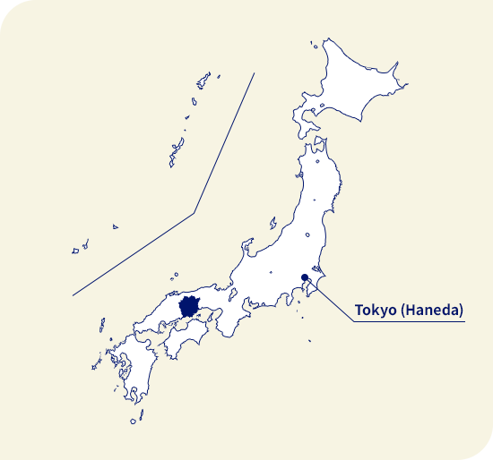 Peta Jepang. Okayama terletak di sebelah barat Tokyo (Haneda)