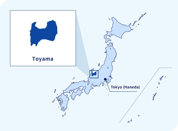 Map of Japan. Toyama located northwest of Tokyo (Haneda)