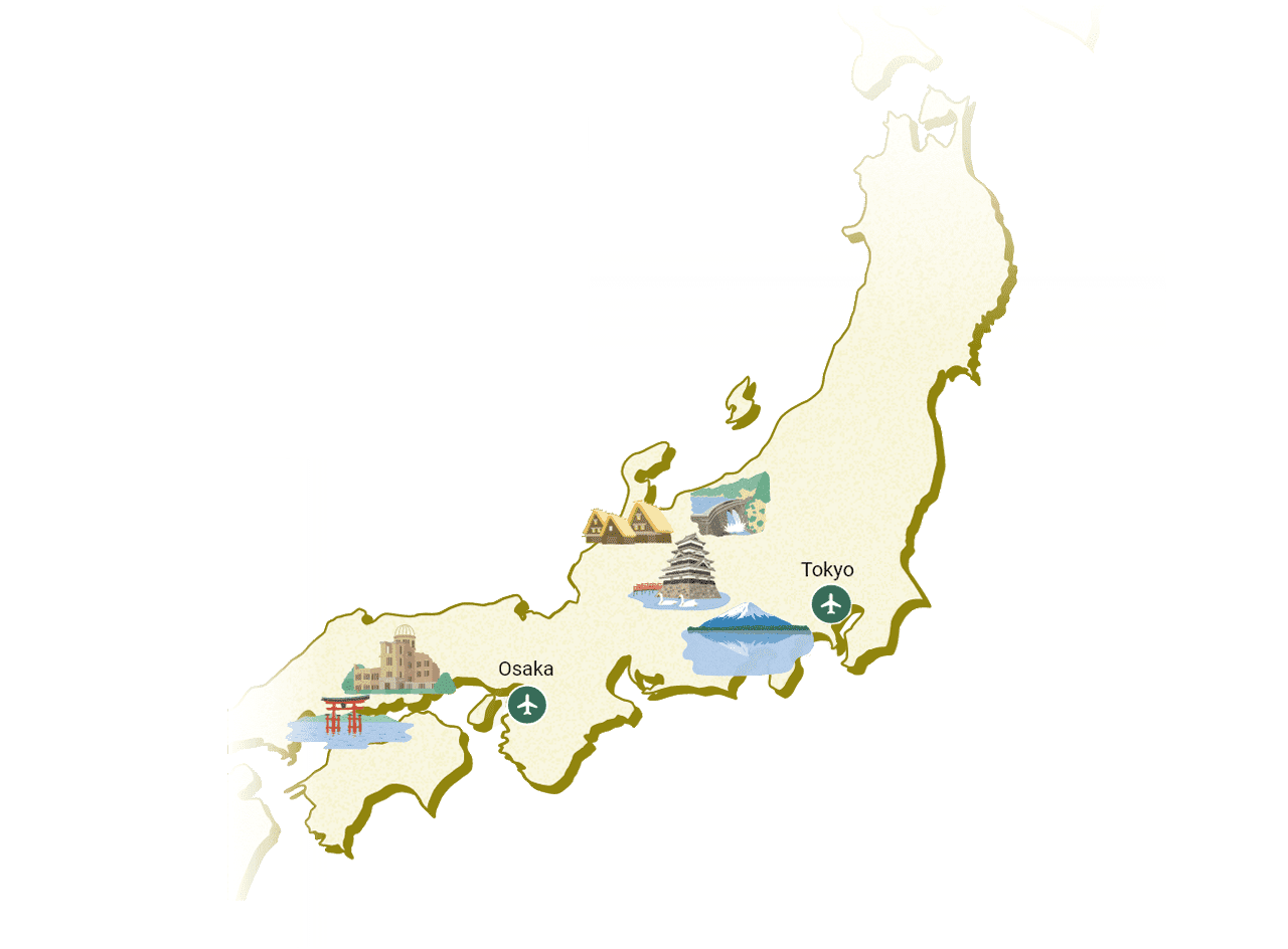 Map of Japan showing the Yamanashi & Nagano, Toyama & Ishikawa and Hiroshima routes with illustrations of major sightseeing spots