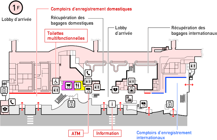 Le centre d'information se trouve dans le lobby d'arrivée du 1er étage, juste à côté de la zone de récupération des bagages domestiques.