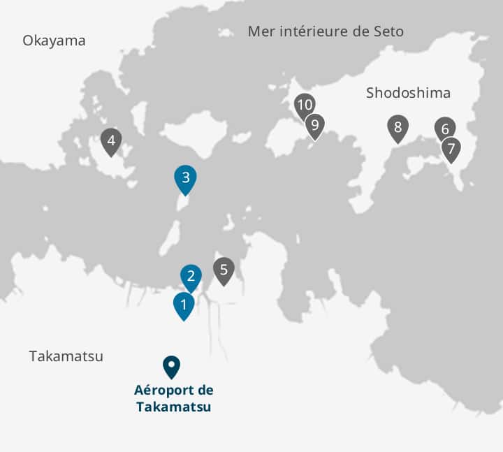 Shodoshima, T(eshima, Naoshima, Ogijima, Ogijima, etc. are located in the Seto Inland Sea between Kagawa and Okayama prefectures.
