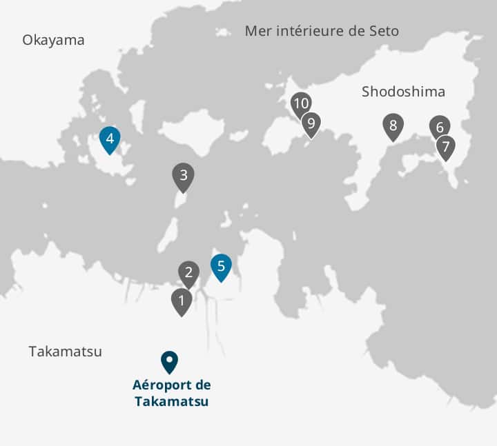 Shodoshima, T(eshima, Naoshima, Ogijima, Ogijima, etc. are located in the Seto Inland Sea between Kagawa and Okayama prefectures.