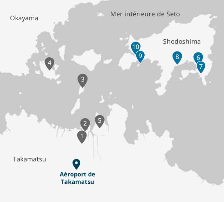 Shodoshima, T(eshima, Naoshima, Ogijima, Ogijima, etc. are located in the Seto Inland Sea between Kagawa and Okayama prefectures.