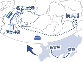 東海地方の地図。横浜港、名古屋港、伊勢神宮の位置が示されている。