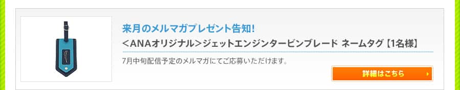 来月のメルマガプレゼント告知！ ＜ANAオリジナル＞ジェットエンジンタービンブレード　ネームタグ【1名様】 
7月中旬配信予定のメルマガにてご応募いただけます。