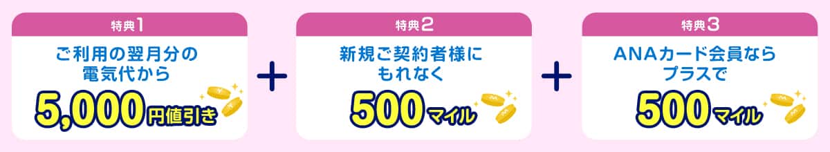 特典1：ご利用の翌月分の電気代から5,000円値引き　特典2：新規ご契約者様にもれなく500マイル　特典3：ANAカード会員ならプラスで500マイル