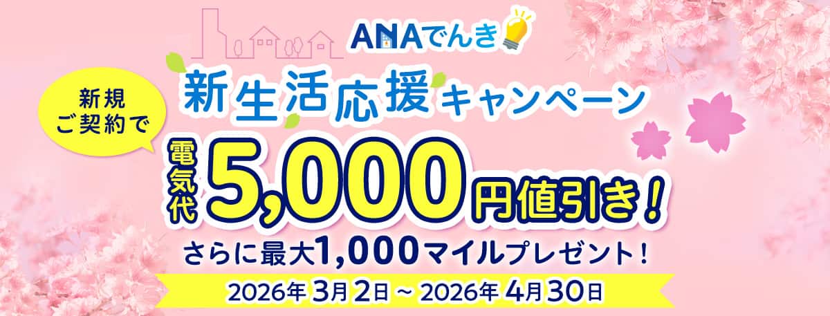 ANAでんき新生活応援キャンペーン　新規ご契約で電気代5,000円値引き！さらに最大1,000マイルプレゼント！2026年3月2日から2026年4月30日まで