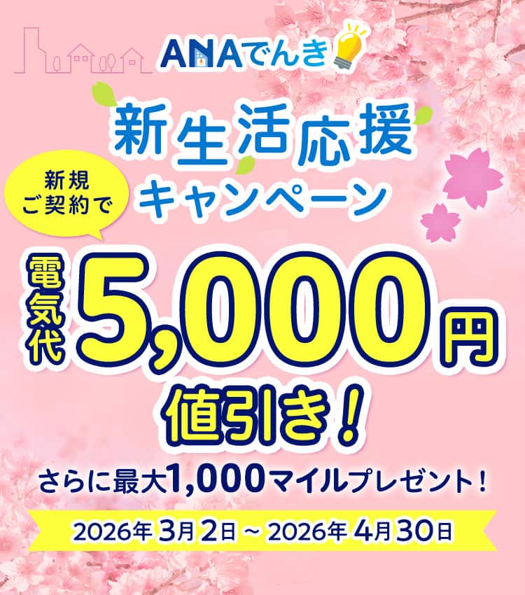 ANAでんき新生活応援キャンペーン　新規ご契約で電気代5,000円値引き！さらに最大1,000マイルプレゼント！2026年3月2日から2026年4月30日まで