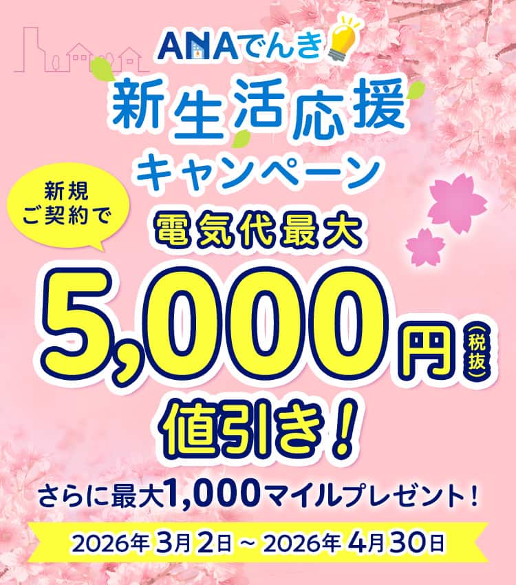ANAでんき新生活応援キャンペーン　新規ご契約で電気代最大5,000円（税抜）値引き！さらに最大1,000マイルプレゼント！2026年3月2日から2026年4月30日まで