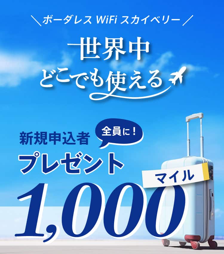 ボーダレスWiFiスカイベリー 世界中どこでも使える 新規申込者全員に！プレゼント1,000マイル