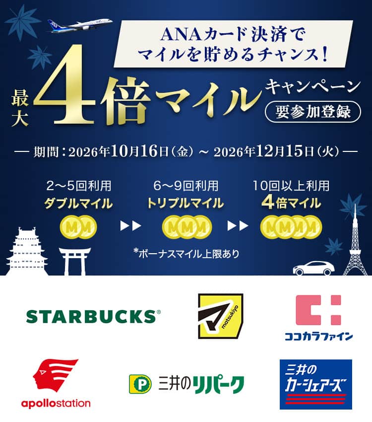 ANAカード決済でマイルを貯めるチャンス！最大4倍マイルキャンペーン　要参加登録　ANAカードマイルプラスで「次の旅の準備」を。　期間：2026年10月16日金曜日から2026年12月15日火曜日まで　2～5回利用ダブルマイル　6～9回利用トリプルマイル　10回以上利用4倍マイル　*ボーナスマイル上限あり　STARBUCKS　マツモトキヨシ　ココカラファイン　apollostation　三井のリパーク　三井のカーシェアーズ