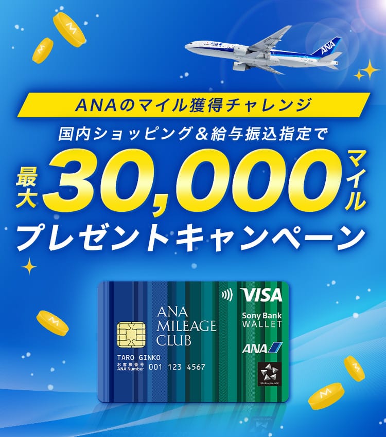 ANAのマイル獲得チャレンジ　国内ショッピング＆給与振込指定で最大30,000マイルプレゼントキャンペーン