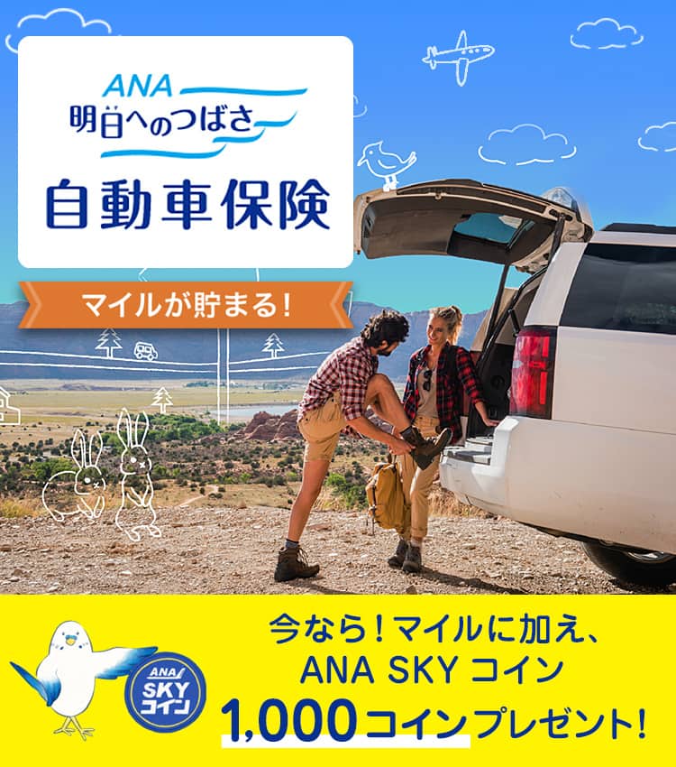 ANA 明日へのつばさ　自動車保険　マイルが貯まる！　今なら！マイルに加え、ANA SKY コイン1,000コインプレゼント！